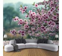 MIATCENRT Papier Peint Panoramique Rose Sakura Japon Jardin, 450x315cm (L×H) Papier Peint Tissu en Soie Murale Rose Vert, Poster Geant 3D, pour Salon Chambre Restaurant Décoration Murale