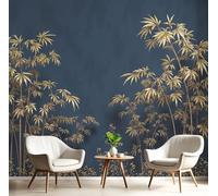 MIATCENRT Papier Peint Panoramique Style Chinois, Motif Papier Peint Intissé Motif Feuilles De Bambou Dorées, 400x280cm Muraux Wallpaper Pour Salon Chambre Cuisine Deco Murale, Bleu foncé