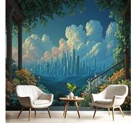 MIATCENRT Papier Peint Panoramique Ville Horizon Balcon 350x256cm Poster Murale, 3D Perspective Paysage Tapisserie Photo Peinture Murale, Papier Peint Soie Fresque pour Salon Chambre Toile Fond TV