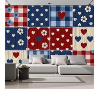 MIATCENRT Papier Peint Panoramique Vintage Patchwork 3D, Papier Peint Muraux Photo Motif Pois Cœurs Carreaux Bleu Rouge, Murale Salon Tissu de Soie, Décoration Murale Chambre, 200x140cm (L×H)