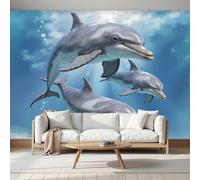 MIATCENRT Papier Peint Soie Panoramique Créatures Marines Mignons, 450x315cm, 3D Poster Geant Muraux Non Auto-Adhésif Déco, Dauphins, pour Salon Chambre Restaurant Décoration Murale