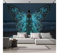 MIATCENRT Papier Peint Soie Panoramique Plage Papillon Femme Turquoise, 350x256cm (L×H) 3D Poster Geant Murale Personnalisé Rêve, pour Salon Chambre Restaurant Décoration Muraux