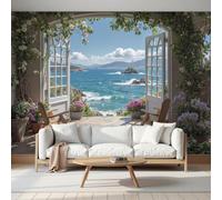 MIATCENRT Papier Peint Soie Vignes Fleuries Baie Vue Par Fenêtre La Fenêtre, 250x175cm Papier Peint Photo Panoramique, Murale Geant Personnalisé 3D, pour Salon Cuisines Chambre Décor Mural