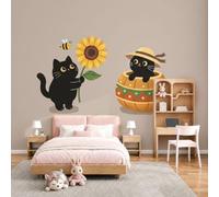 MIATCENRT Papier Peints Geant Panoramique Tournesol Chat Noir, Personnalisé Thème Dessin Animé Tableaux Photo Muraux Pour Salon Chambre D'Enfant Décoration Murale,(400x280cm)