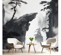 MIATCENRT Peinture À L'Encre Papier Peint Panoramique, Montagne Pins 3D Tissu de soie Murale, 400x280cm (L×H) Tapisserie Poster Noir Blanc Geant Mural, Décoration Murale Chambre Salon Restaurant