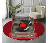 MIATCENRT Rétro Tapis Rond Lavable en Machine 160cm, Tapis Imprimé Tourne-Disque Vinyle Papier Peint Antidérapant à Poils Courts pour Salon, Chambre d'enfant, Décoration de Chambre, Noir Rouge