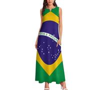 MIATCENRT Robe d’été Femme sans Manches, Col en V Imprimé Drapeau Brésil Robe Longue Décontractée avec Poches, Grande Taille Chic Robes Plage Cocktail Estivale