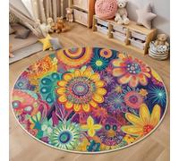MIATCENRT Rond Tapis Antidérapant, Mandala Fleurs Chaise Dordinateur Moquette, Psychédélique Art Coloré Salon Anti Slip Tapis de Sol Grand pour Couloir, Chambre, Cuisine, Table, 80cm