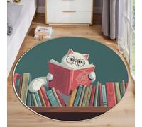 MIATCENRT Rond Tapis pour Enfants Chambre, Dessins Animés Mignons Lire des Chats, Lavable Antidérapant, Salon Doux Pelucheux intérieur Sol Décoration Maison Tapis (Vert foncé, 80cm)