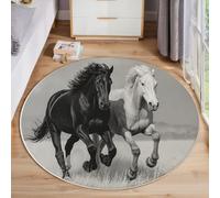 MIATCENRT Rond Tapis Salon Lavable, Chambre Pile Courte Enfant Cheval Au Galop Faune Sauvage Rampant pour Bébé, Grand Doux Petite Intérieur Tapis de Jeu pour Bébé (Noir et Blanc, 80cm)