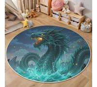 MIATCENRT Rond Tapis Salon Lavable, Chambre Pile Courte Enfant Dragon des Eaux Marines Mythologie Orientale Rampant pour Bébé, Grand Doux Petite Intérieur Tapis de Jeu pour Bébé (Bleu, 200cm)