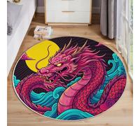 MIATCENRT Rond Tapis Salon Lavable, Chambre Pile Courte Enfant Dragon des Vagues Solaires Tradition Chinoise Rampant pour Bébé, Grand Doux Petite Intérieur Tapis de Jeu pour Bébé (Rose Rouge, 120cm)
