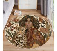 MIATCENRT Rond Tapis Salon Lavable, Chambre Pile Courte Enfant Guépard Femme Peuple Bohémien Rampant pour Bébé, Grand Doux Petite Intérieur Tapis de Jeu pour Bébé (Brun Jaune, 160cm)
