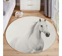 MIATCENRT Rond Tapis Salon Lavable, Chambre Pile Courte Enfant Portrait De Cheval Blanc Animal Réaliste Rampant pour Bébé, Grand Doux Petite Intérieur Tapis de Jeu pour Bébé (Blanc, 160cm)