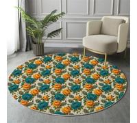 MIATCENRT Rond Tapis Salon Lavable, Chambre Pile Courte Enfant Rose Plume De Paon Fleur Exotique Rampant pour Bébé, Grand Doux Petite Intérieur Tapis de Jeu pour Bébé (Bleu Orange, 100cm)
