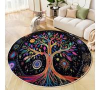 MIATCENRT Tapis de Salon Rond à Poils Courts 80cm Tapis de Sol, Doux et Confortable Moquette Chambre Psychédélique, Soleil Symbole Arbre Antidérapant Moquette Décoratif Rond, Noir