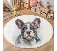 MIATCENRT Tapis de Salon Rond Aquarelle, Motif Portrait De Bouledogue Français Tapis Antidérapant Doux Moelleux pour Décoration Salle à Manger Canapé ou Chambre d'enfant (Gris foncé, Diamètre 80cm)