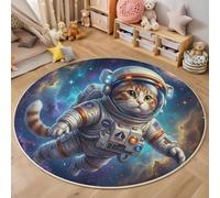 MIATCENRT Tapis de Salon Rond Science-Fiction du Futur, Motif Chat De l'espace Tapis Antidérapant Doux Moelleux pour Décoration Salle à Manger Canapé ou Chambre d'enfant (Bleu-Violet, Diamètre 200cm)