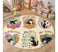 MIATCENRT Tapis Rond 100cm, Animaux De Dessins Animés Chat Jouant, Lavable en Machine pour Salon, Ne Perd Pas Ses Poils, Tapis de Sol Décoration Dos Antidérapant pour Chambre à Coucher