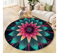 MIATCENRT Tapis Rond 120cm, Microfibre Douce Tapis Circulaire Psychédélique, Moquette Salon Chambre, Imprimés Géométrique Pétale Antidérapant Lavable Moquette de Décoration, Bleu foncé