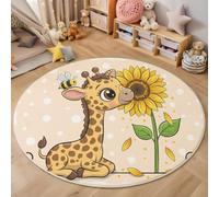 MIATCENRT Tapis Rond 160cm, Dessin Animé Tournesol Girafe, Lavable en Machine pour Salon, Ne Perd Pas Ses Poils, Tapis de Sol Décoration Dos Antidérapant pour Chambre à Coucher