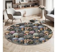 MIATCENRT Tapis Rond 160cm Lavable Machine, Moquette Antidérapante Poil Bas Style Forêt Obscure, Motif Plante Champignon Doux pour Salon Chambre Cuisine Nursery Bureau