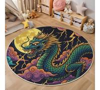 MIATCENRT Tapis Rond 160cm Lavable Machine, Moquette Antidérapante Poil Bas Style Mystère Fantastique, Motif Nuages Éclairs Dragons Doux pour Salon Chambre Cuisine Nursery Bureau