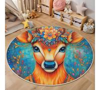 MIATCENRT Tapis Rond, 160cm Poil Court Bleu-Orange Tapis, Salon Chambre Antidérapant Moquette de Sol Décoratif, Motif Mandala Cerf Moquette Rond Psychédélique Animaux pour Salon Chambre