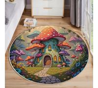 MIATCENRT Tapis Rond 200cm Lavable Machine, Moquette Antidérapante Poil Bas Style Forêt Contes Fées, Motif Chemin La Maison Champignon Doux pour Salon Chambre Cuisine Nursery Bureau