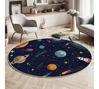 MIATCENRT Tapis Rond, 3D Planètes Fusées Tapis De Sol Antidérapant Lavable, Dessins Animés Espace Intéressant Moquette pour Salon Chambre des Enfants Balcon Décoration, Bleu foncé, 120cm