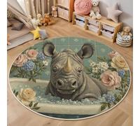MIATCENRT Tapis Rond 80cm Lavable Machine, Moquette Antidérapante Poil Bas Style Animal Vintage, Motif Rhinocéros De Baignoire Doux pour Salon Chambre Cuisine Nursery Bureau