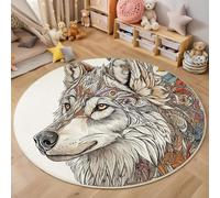 MIATCENRT Tapis Rond 80cm, Tapis Psychédélique Lavable en Machine pour Salon, Tapis Antidérapant, Moquette Blanc Marron Imprimé Mandala Loup pour Salle à Manger, Chambre d’Enfant, Nurserie