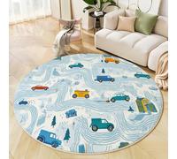 MIATCENRT Tapis Rond Déco, Impression de Dessins Animés Illustrations Routes Voitures Interieur Antidérapant Tapis Chambre Salle de Jeux pour Enfants, Super Doux Absorbant, Bleu Clair, 160cm