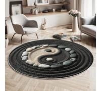 MIATCENRT Tapis Rond Déco, Impression de Philosophie Orientale Cailloux Yin Yang Symboles Interieur Antidérapant Tapis Chambre Salle de Jeux pour Enfants, Super Doux Absorbant, Noir et Blanc, 80cm