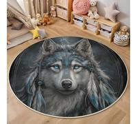 MIATCENRT Tapis Rond Déco, Impression de Rêve Animal Attrape-Rêves Plumes Loup Interieur Antidérapant Tapis Chambre Salle de Jeux pour Enfants, Super Doux Absorbant, Gris Bleu, 80cm