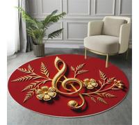 MIATCENRT Tapis Rond Diamètre 80cm, Décoration De Luxe Notes Musicales Fleurs Design, Rouge Flanelle Rond Tapis Doux Résistant, Lavable Antidérapant pour Chambre à Coucher Salle à Manger