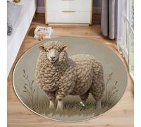 MIATCENRT Tapis Rond Lavable en Machine La Animaux De Campagne, Interieur Anti Slip Chambre à Coucher Salon Tapis d'Entrée Absorbant Antidérapant (100cm, Moutons des Prairies)