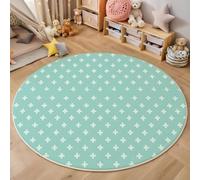 MIATCENRT Tapis Rond Lavable en Machine, Style Bohême Interieur Anti Slip Chambre à Coucher Salon Tapis, Absorbant Antidérapant, Imprimé Croix Étoile, Bleu-Vert Clair, 100cm