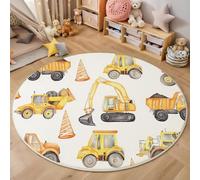 MIATCENRT Tapis Rond Lavable en Machine, Style Dessins Animés Interieur Anti Slip Chambre à Coucher Salon Tapis, Absorbant Antidérapant, Imprimé Véhicules De Construction, Jaune, 100cm