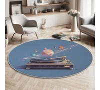 MIATCENRT Tapis Rond Lavable en Machine, Style Minimalisme Bleu Interieur Anti Slip Chambre à Coucher Salon Tapis d'Entrée Absorbant Antidérapant (160cm, Platine Vinyle du Système Solaire)