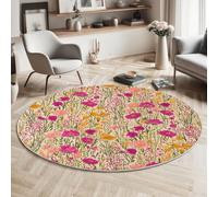 MIATCENRT Tapis Rond Lavable en Machine, Style Nature Plantes Interieur Anti Slip Chambre à Coucher Salon Tapis, Absorbant Antidérapant, Imprimé Prairies Fleurs Sauvages, Rose Jaune, 80cm