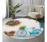 MIATCENRT Tapis Rond Lavable en Machine, Style Style Européen Interieur Anti Slip Chambre à Coucher Salon Tapis, Absorbant Antidérapant, Imprimé Vélo Pot De Fleurs, Bleu, 160cm
