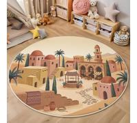 MIATCENRT Tapis Rond Paysage Minimaliste Petite Ville du Désert 120cm, Lavable Antidérapant Tapis Décoratif Rond Beige Marron pour Salon Chambre à Coucher, Doux Moquette pour Décoration Intérieure