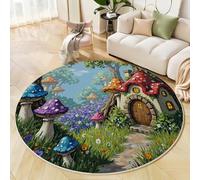 MIATCENRT Tapis Rond Poil Bas Lavable 160cm - Moelleux et Antidérapant Tapis Rond, Fleurs La Maison Champignon Forêt Conte Fées pour Salon, Couloir, Salle d'étude, Décorations Intérieures