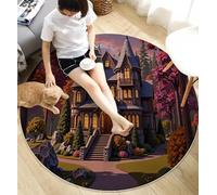 MIATCENRT Tapis Rond Poil Bas Lavable 80cm - Moelleux et Antidérapant Tapis Rond, Arbres De Château Architecture De Dessins Animés pour Salon, Couloir, Salle d'étude, Décorations Intérieures