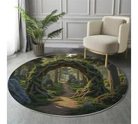 MIATCENRT Tapis Rond Salon 120cm Poils Courts pour Chambre Cuisine Intérieur, Forêt Magique Chemin sous Arche D'Arbres Antidérapant & Doux Flanelle Tapis Rond Décoratif, Vert foncé