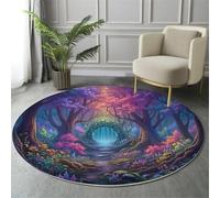 MIATCENRT Tapis Rond Salon 200cm Poils Courts pour Chambre Cuisine Intérieur, Forêt Fantastique Arche Magique Chemin Arbres Fleurs Antidérapant & Doux Flanelle Tapis Rond Décoratif, Bleu Violet