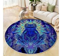 MIATCENRT Tapis Rond Salon 80cm, Bleu Royal Psychédélique Tapis de Sol Décoration Antidérapant, Moquette Courts Poils Motif Lotus Grenouille pour Chambre Cuisine Salle à Manger Intérieur