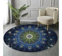 MIATCENRT Tapis Rond Salon 80cm Poils Courts pour Chambre Cuisine Intérieur, Datura en Plumes De Paon Décoration De Fleurs Antidérapant & Doux Flanelle Tapis Rond Décoratif, Bleu-Vert