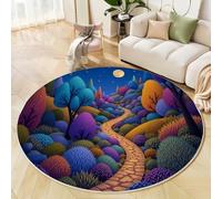 MIATCENRT Tapis Rond Salon 80cm Poils Courts pour Chambre Cuisine Intérieur, Forêt Fantastique Chemin des Bois Antidérapant & Doux Flanelle Tapis Rond Décoratif, Bleu-Violet